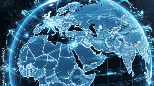 Digital Earth Globe Network - A blue glowing digital globe displaying Europe, Africa and the Middle East with connection lines, grid lines and bright nodes of information.