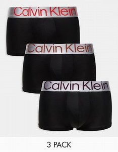 Calvin Klein 3 pack low rise trunks with shine logo waistband in black | ASOS