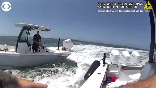 RUNAWAY BOAT: Body camera footage captured the dramatic moment a police officer jumped onto an out-of-control boat to stop it after its operator fell overboard in Sarasota, Florida. The Sarasota Police Department said they received a distress call about an unmanned boat circling in waters around 40 mph and had several failed attempts to turn off the boat's motor. The boat's driver told police he was thrown off his vessel after a larger ship crossed in front of him. | azfamily 3TV CBS 5