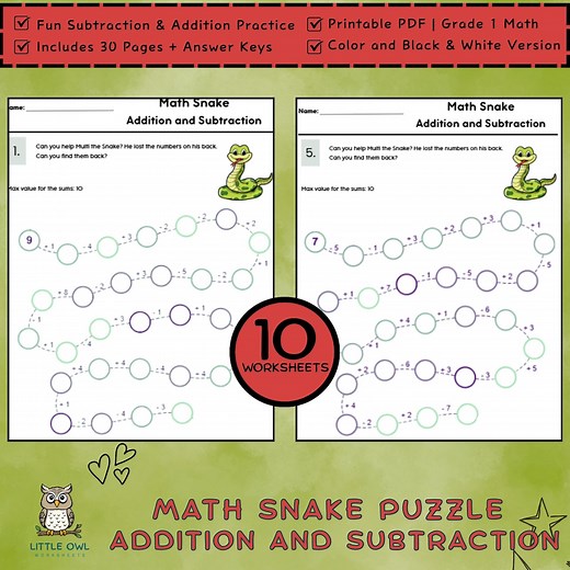 Math Snake Game | Addition & Subtraction Worksheet | Fun Math Printable for Kids | Educational Homeschool Activity - Etsy UK