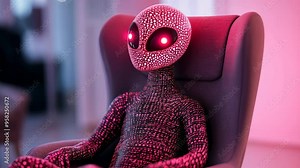A glowing alien creature with bright red eyes sits in a modern chair, evoking concepts of science fiction and Halloween