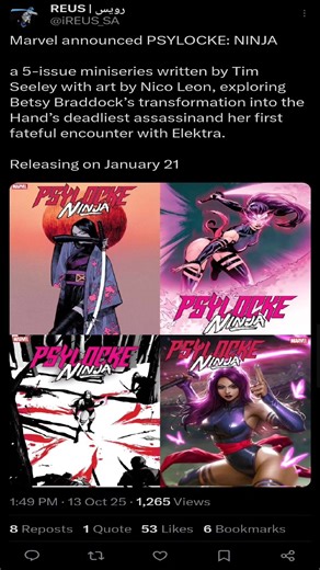 Marvel announced PSYLOCKE: NINJA a 5-issue miniseries written by Tim Seeley with art by Nico Leon, exploring Betsy Braddock's transformation into the Hand's deadliest assassinand her first fateful encounter with Elektra. Releasing on January 21 #marvel #marvelcomics #psylocke #PsylockeNinja #xmen | MrDarkPhoenix
