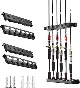 2 Packs Fishing Rod Holder for Garage Vertical Wall-Mounted Stores 12 Rods or Combos Fits Most Rod Diameters (Vertical Black, 2 Pair 12 Rods)
