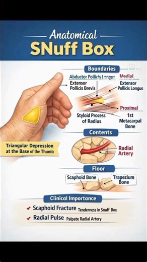 Anatomical Snuff BoxKey landmark for Scaphoid Bone fracture & **Radial Artery pulse #Anatomy