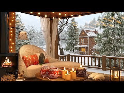 Winter Cozy Cabin in Snowfall Ambience with Crackling Fireplace, Snow Falling and Relaxing Wind