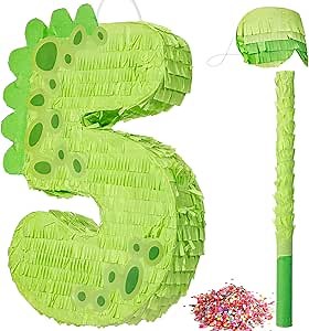 Poen 16 Inch Dinosaur Piñata Number 1 2 3 4 5 6 7 8 9 for Kids Birthday Party Cute Dino Piñata with Blindfold Stick and Confetti for Boys Girls Dinosaur Birthday Animal Theme Baby Shower Decor(5)