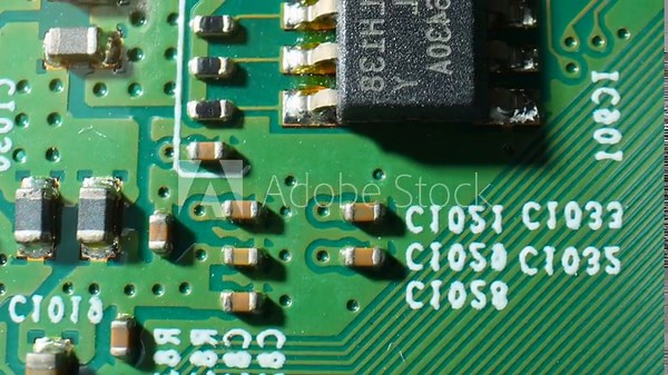 A close-up macro video reveals intricate patterns of a Printed Circuit Board (PCB). Tiny solder joints and components come to life in stunning detail, showcasing the precision of modern electronics.