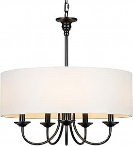 T&A Traditional 5-Light Chandelier with White Linen Drum Shade,20" Simple Chain Pendant Light Lights for Foyer Dining Room Living Room