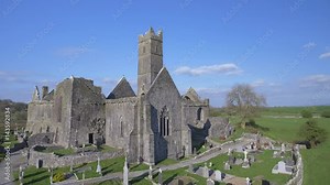 Aerial view of an Irish public free tourist landmark, Quin Abbey, County clare, Ireland. Aerial landscape view of this beautiful ancient celtic historical architecture in county clare ireland.