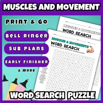 Muscles and Movement Word Search Activity Printable PE Sub Plans Middle School