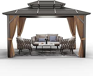 GAOMON 10x12ft Hardtop Gazebo, Outdoor Polycarbonate Double Roof Canopy, Aluminum Frame Permanent Pavilion with Curtains and Netting, Sunshade for Garden, Patio, Lawns (Brown)