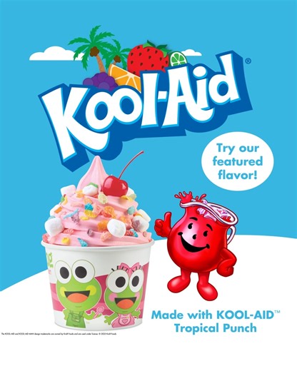 The koolest treat of the summer is here! 🤩 Made with @koolaid froyo topped with maraschino cherries, fruit-flavored rice cereal, and marshmallows🍦🌈🍒 Hop on to sweetFrog and try it today! ❤️💙 | sweetFrog Premium Frozen Yogurt
