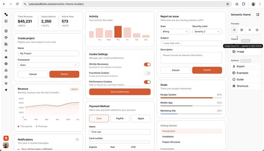 New tool in https://t.co/4dMNTBIGToSemantic theme creator, create color semantic color variables for your colors and fonts.- Background- Foreground- Card- Muted surface- Border- Primary- Secondary- AccentExport as:Tailwind CSS, CSS, SCSS, jSON Derulo, Figma in different color code formats.Enjoy it, is 100% free to use!