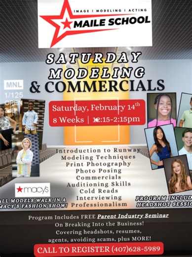 ✅️Spots are still available! If you're seeing this, this is your sign👀✨️ Join our Saturday Modeling & Commercials Program for kids & teens🙌🏻 Learn introduction to runway, modeling techniques, how to read commercials, posing, interviewing skills and so much more! 👠✨️👞 📍The Maile School - training talent since 1982! 🗓Classes start Saturday, February 14th from 12:15-2:15pm for 8 weeks. ☎️Call to register (407) 628-5989