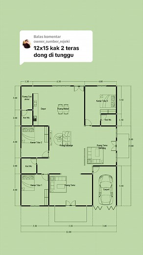 Desain Rumah Minimalis 12 x 15 Meter dengan 3 Kamar Tidur dan Ruang Tamu
