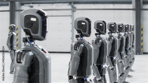 3D Animation: Moving Along the Row of Autonomous AI-Powered Humanoid Robots. A Batch of General Purpose Industrial Robots Standing in a Hangar. AI-Driven Industrial Automation Concept.