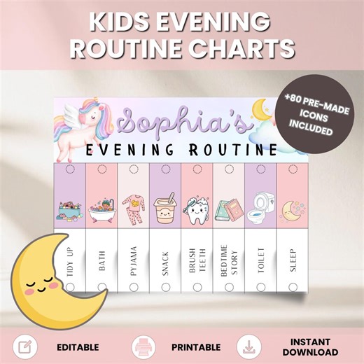 Unicorn Bedtime Routine Chart for Kids, Evening Flip Chart Printable, Editable Visual Schedule, Night Routine for Toddler, Canva Template - Etsy