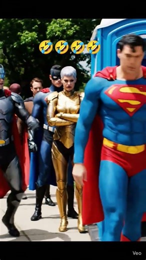 Asking AI to create a video...As Superman comes out of a porta potty we see a line of superheros.