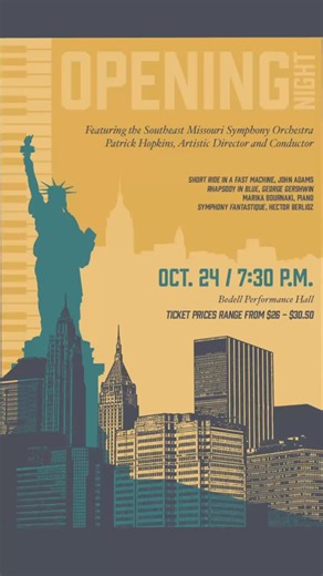 🎻Southeast Symphony Orchestra Opening Night 🗓️Friday, October 24 at 7:30pm 📍Bedell Performance Hall 🎟️Tickets: $26 in person / $27.25 – $30.50 online / $5 for SEMO students only Discounts available! 🎶 The Southeast Missouri Symphony opens its twenty-fifth season with pianist Marika Bournaki performing Gershwin’s flamboyant Rhapsody in Blue. Also on the program is American composer John Adams’ explosive Short Ride in a Fast Machine and Berlioz’s Symphonie Fantastique. Presented in part by EB