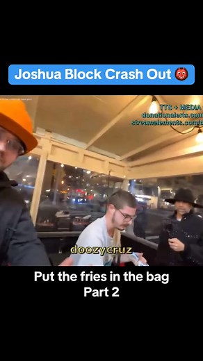 58K views · 760 reactions | (part 2) Joshua Block crash out #joshuablock #crashout #worldoftshirts #nyc #mrbased #putthefriesinthebag worldoftshirts josh block crashing out when told to put the fries in the bag on mrbased live nyc | Joshua Block | Facebook