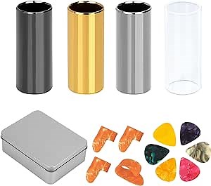 Musiin Guitar Slide Set, Set of 1 Glass Slide, 1 Steel Slide, and 1 Brass Guitar Slide, Bonus 6 Pcs Guitar Picks, and 4 Finger Picks