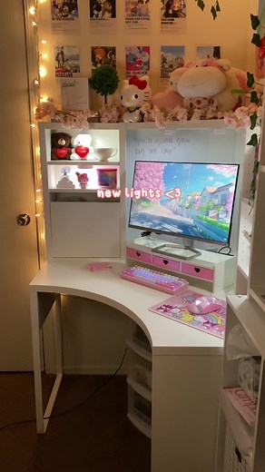 Cozy Pink Aesthetic Corner Desk Setup with IKEA and Sanrio Decor