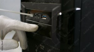 High pressure cleaning blowing dust off PC personal computer front board USB Stock Video