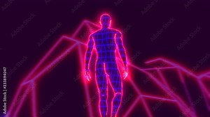 Neon low poly grid walking human figure animation. Seamless retro futuristic background.