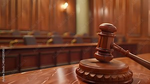 Judge hammer in the court room. Wooden gavel as a symbol of justice