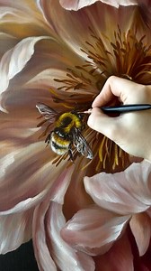The bee’s fuzzy striped body is always my favorite part to paint. Short, dry brushstrokes and small broken touches make her look alive. Even though it’s just a moment on the canvas, knowing how she collects the nectar with her legs adds a small, thoughtful detail I enjoy. And I love this fragile moment when life meets beauty. | Anastasia Michailova