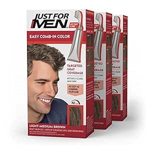 Just For Men Easy Comb-In Color Mens Hair Dye, Easy No Mix Application with Comb Applicator - Light-Medium Brown, A-30, Pack of 3