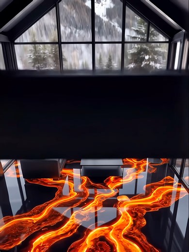 This GLOWING LAVA FLOOR is unreal 🌋🔥 Complete transformation showing the installation of a dramatic glowing lava-effect epoxy resin floor in a luxury mountain retreat with vaulted black ceilings and floor-to-ceiling windows overlooking snowy peaks. Shows: installing grid of orange and red LED strip lights, activating LED system, scattering black volcanic rocks and lava aggregate, pouring black epoxy base layer while smoothing materials, pouring translucent orange and red epoxy creating lava pa