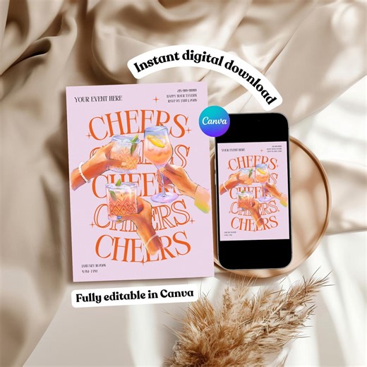 Cocktail Party Invitation Template | Editable Cheers Invite (digital Download) - Etsy