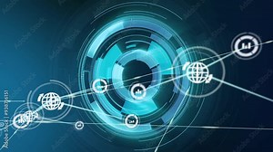 Animating digital network connections and data processing over blue circular interface
