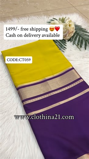 Clothina_.21 on Instagram: "CODE:CT059 | 1499/- free shipping 1st copy of Pure Mysore silk saree ☺️❤️ In Premium Quality Orders through website 👇👇 www.clothina21.com CODE: CT059 Wtspp :-9035613471 for support system Contrast blouse same as of border color Chitt pallu 👌♥️ Cash on delivery available ✅ (100 extra and 200 advance) Dm to place your orders soon . . . . {mysoresilk sarees, affordable prices, cash on delivery,trending sarees, trending outfits, traditional, varamahalaxmi festival coll