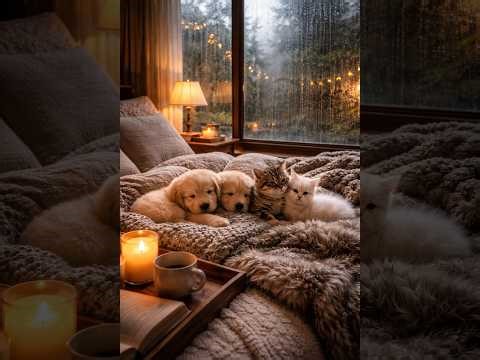 8 Hours Light Rain Sounds 🌧️ Cozy Bed with Kittens & Puppies by Candlelight (Sleep & Relax)