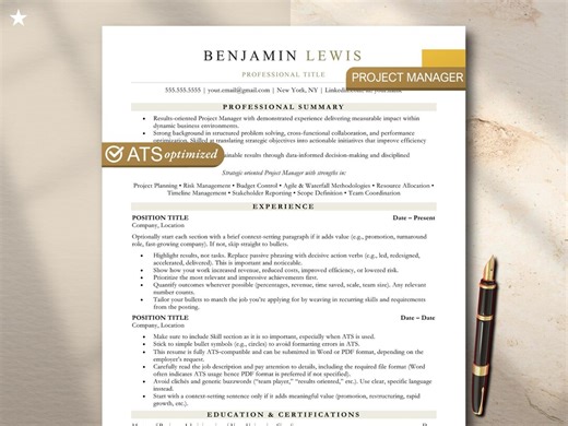 Modèle de CV de chef de projet | CV professionnel adapté aux ATS | Word et Google Documents | Design moderne et épuré | Lettre US et A4 - Etsy France