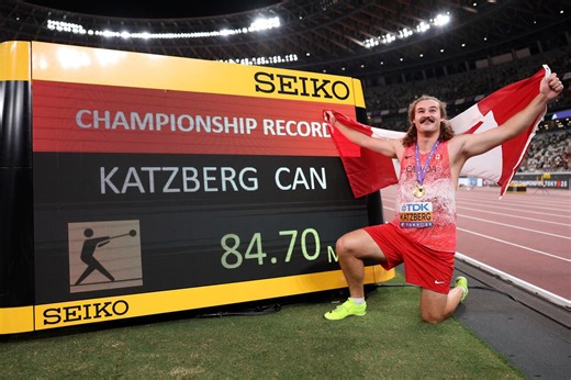 Ethan Katzberg defends his world championship gold medal with a Canadian record hammer throw