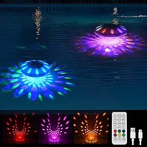 Floating Pool Lights, Rechargeable Pool Lights with Remote, RGB Upper and Lower Color Changing Floating Light with 6 Dynamic Modes for Gardens, Party - 2 Pack