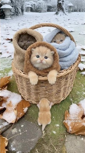 House Cats Go for a Walk on a Snowy Day — and Gently Hug a Wild Kitten