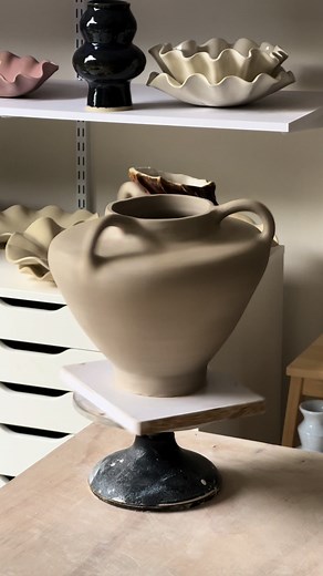 Handmade Ceramic Vase with Three Chains - Pottery Coiling Technique