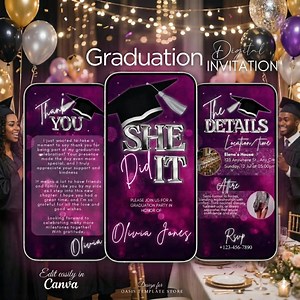 Hot Pink Graduation Digital Invitation, She Did It Glam Party, Silver Glitter, Electronic Text Invite for Her, Editable Canva Template - Etsy