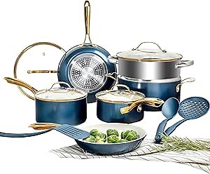 Gotham Steel 15 Pc Ceramic Cookware Set Nonstick, Ceramic Pots and Pans Set Non Stick with Steamer & Cooking Utensils, Non Toxic PFOA PFOS Free, Premium Stay Cool Handles, Oven & Dishwasher Safe