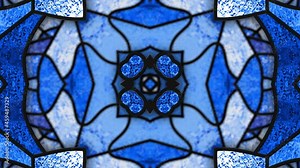 Stained glass window. Color glass. Kaleidoscopic dynamic background. Transparency. Blue seamless looping animation footage. Psychedelic motion design. Architectural decor. Dj loop. Vj loops. 4K