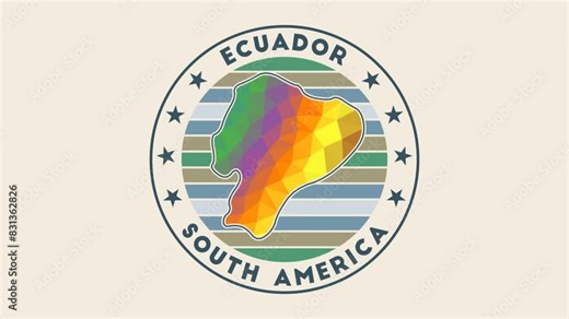 Ecuador intro video. Badge with the circular name and map of the country in low poly tech geometric style. Artistic country round logo animation.