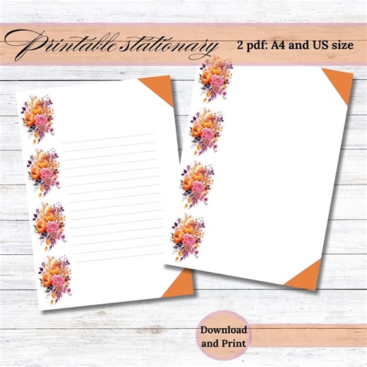 Pink and Orange Summer Flower Stationery: Lined and Unlined PDF for Instant Printing - Etsy