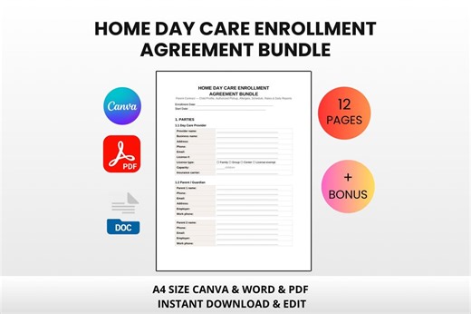 Home Day Care Enrollment Agreement Bundle | Editable Canva Word PDF | Childcare Contract Parent Form - Etsy