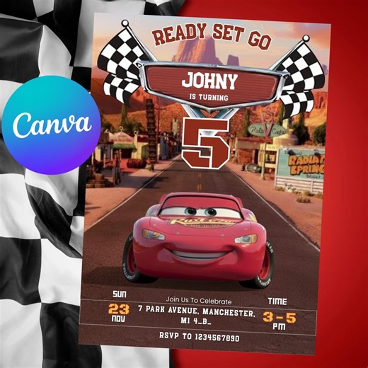 Cars Birthday Invitation, Birthday Invitation, Lightning Mcqueen Invitation, Kids Birthday Invitation, Editable Canva Template - Etsy