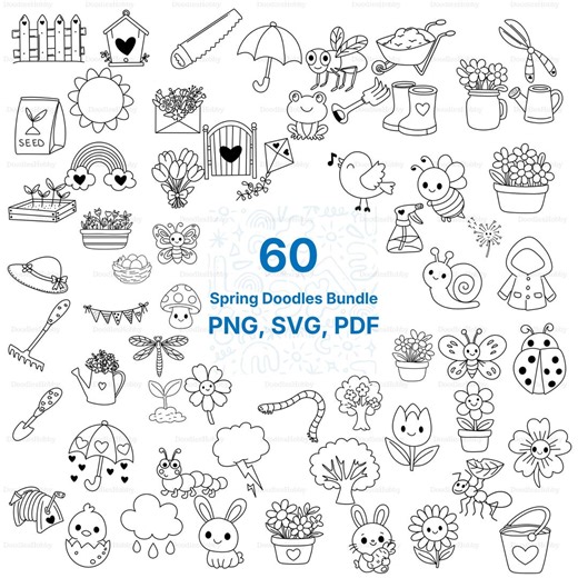 60 Hand-drawn Cute Spring Doodles PNG SVG PDF Bundle | Kawaii Spring Clipart | Cricut Svg Files | Instant Download - Etsy