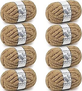 Chunky Yarn for Hand Knitting - #10 Chunky Chenille Yarn, Jumbo Big Thick Chunky Yarns for Crocheting, Super Bulky Chunky Knit Blanket Yarns, 8 Skein (25 yds 8 oz Each Skein), Light Coffee